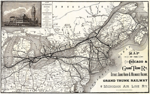 1887 Chicago & Grand Trunk Railway Line Map 13 x 19 Reproduction Railroad Poster