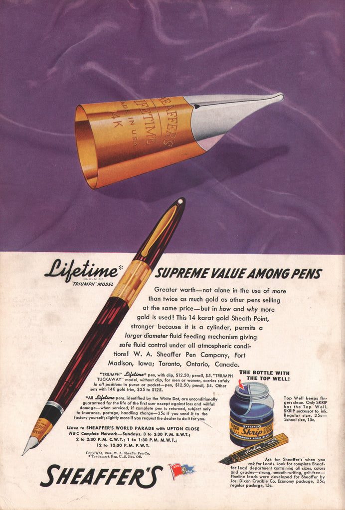 1940 Vintage SHEAFFERS Fountain Pen & Ink Writing Instrument Print Ad