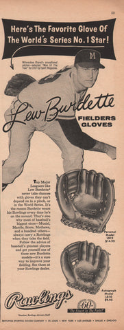 1958 Lou Burdette In RAWLINGS Baseball Fielders Glove Print Ad