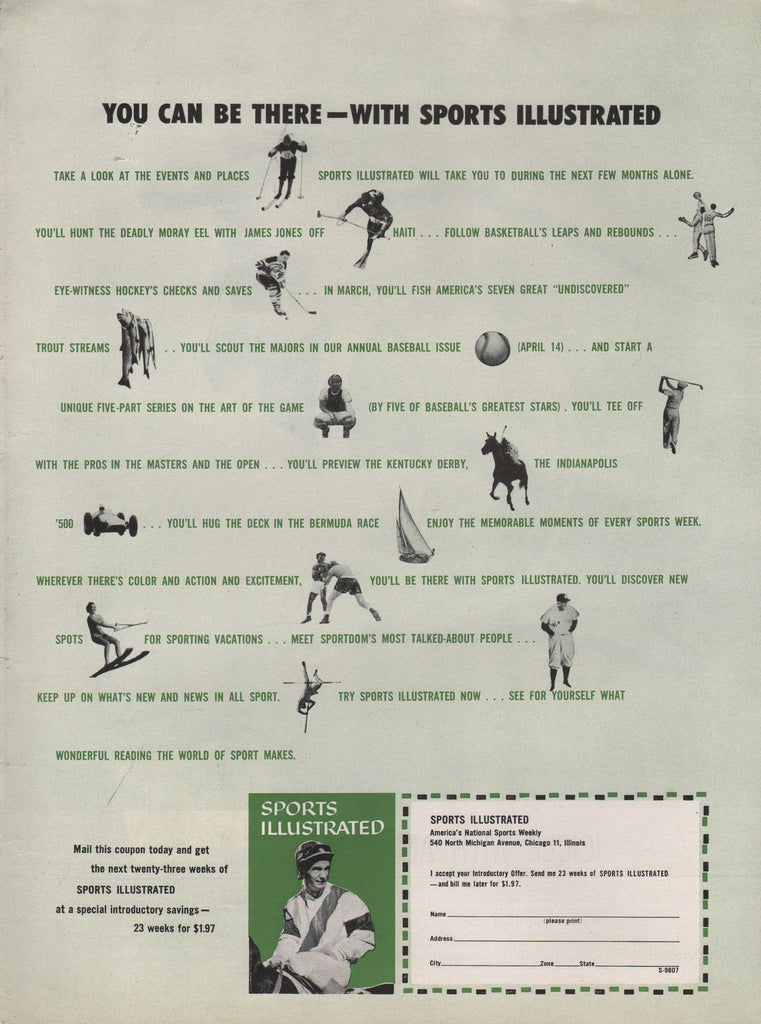 1958 SPORTS ILLUSTRATED Magazine Willie Shoemaker Subscription Print Ads