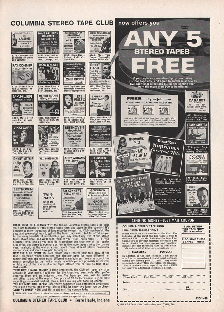1968 Columbia House 4-Track Stereo Reel To Reel Tape Club Music Service Print Ad