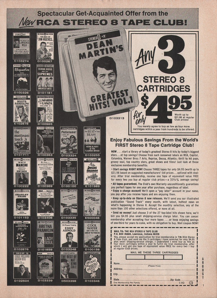 1969 RCA First Stereo 8-Track Tape Club Music Service Print Ad