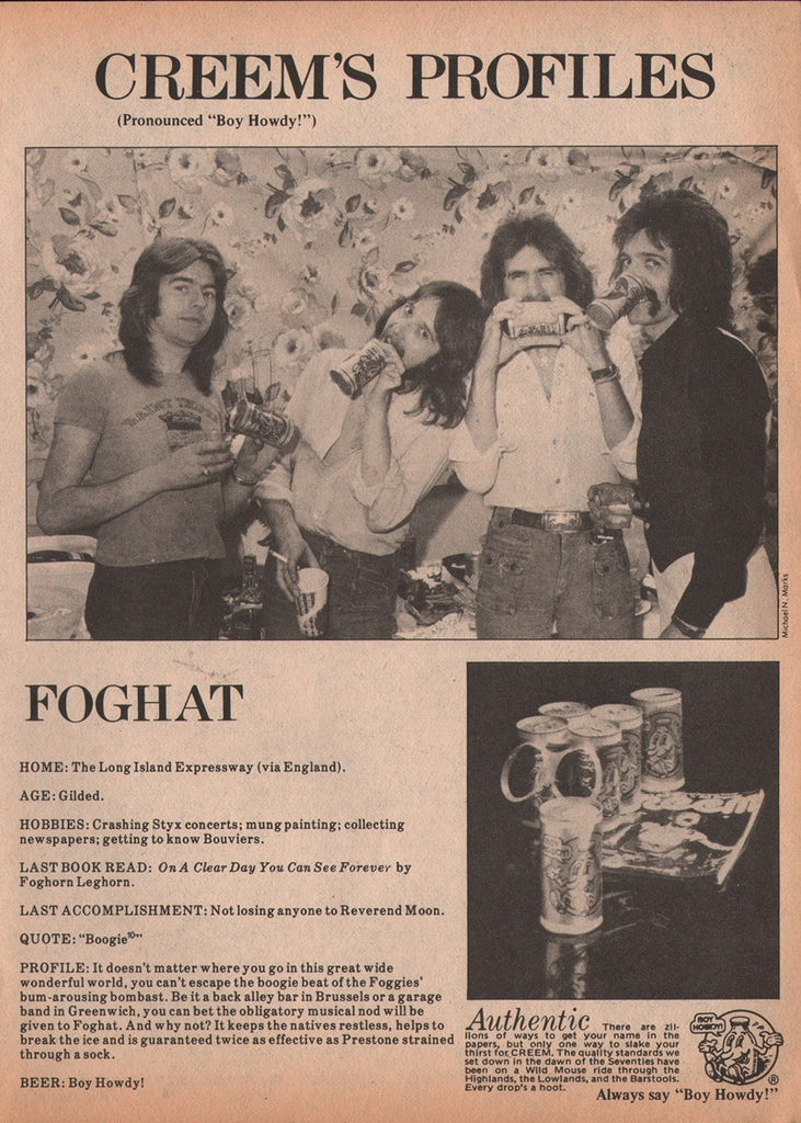 1978 Boy Howdy Creem Profiles Foghat Beer Print Ad