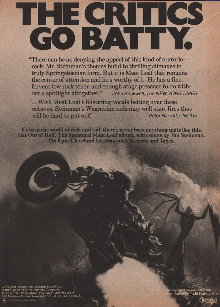 1978 Meatloaf Bat Out Of Hell Epic/Cleve Int Records LP Promo Print Ad