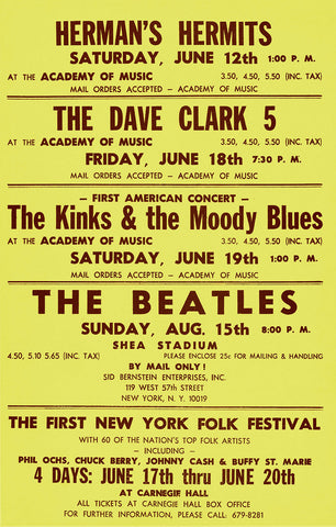 1965 Beatles Shea Stadium 13 x 17 Inch Reproduction Concert Memorabilia Poster