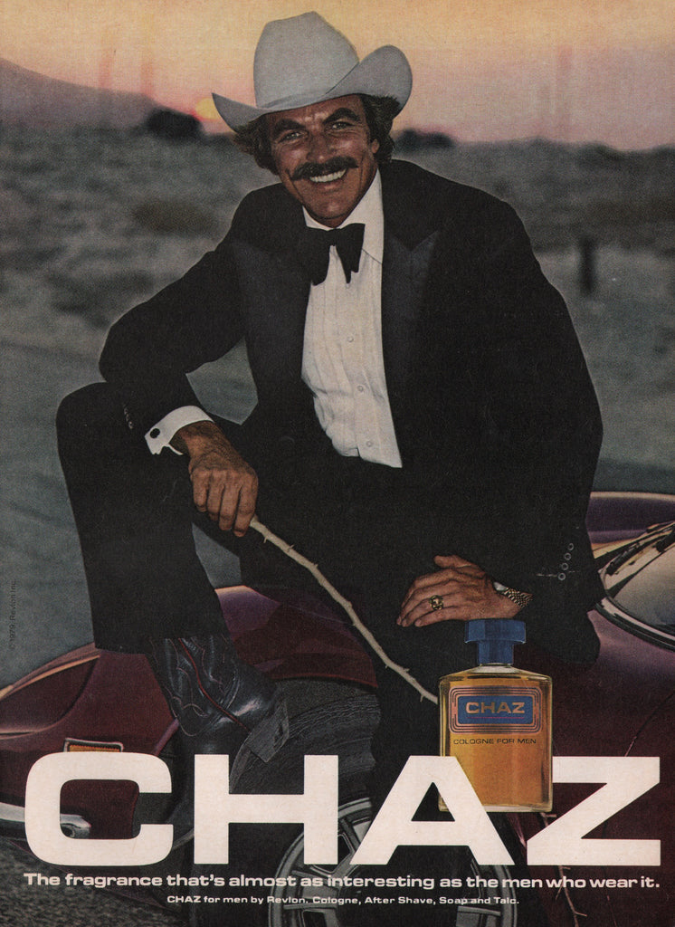 1981 Vintage TOM SELLICK In REVLON CHAZ Men's Cologne Print Ad