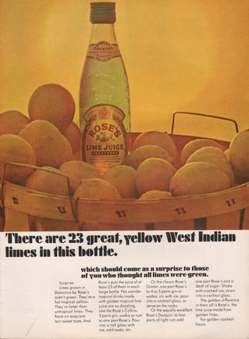 1965 Vintage ROSE'S 23 Yellow West Indian Limes Cocktail Mix Print Ad