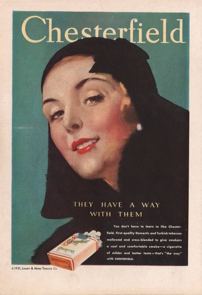 1931 Vintage CHESTERFIELD Cigarettes Woman In Black Tobacco Print Ad