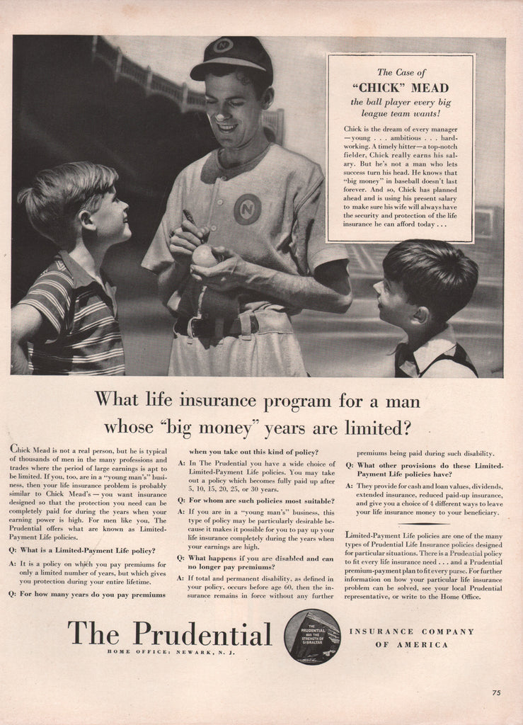 1940 CHUCK MEAD PRUDENTIAL INSURANCE Baseball Print Ads