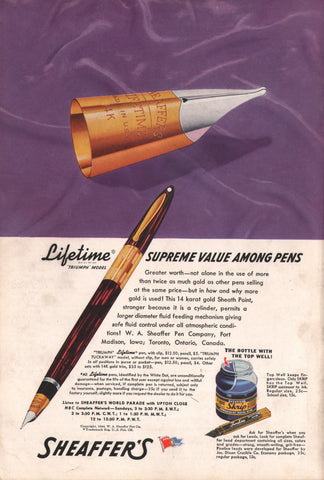 1940 Vintage SHEAFFERS Fountain Pen & Ink Writing Instrument Print Ad