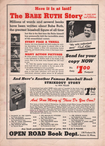 1948 Vintage BABE RUTH STORY & BOB FELLER Open Road Book Publishing Ads Print Ad