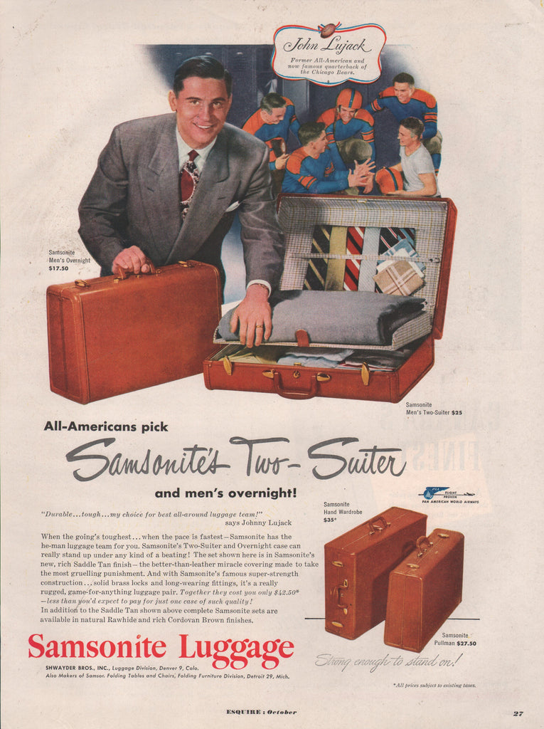 1949 Vintage CHICAGO BEARS Quarterback JOHN LUJACK In SAMSONITE Luggage Print Ad