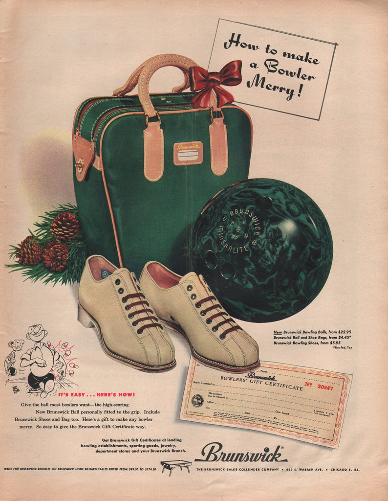1951 Brunswick Bowling Accessories Shoes Ball Bag Sports Print Ad