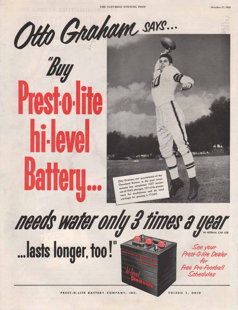 1953 Vintage NFL Quarterback OTTO GRAHAM In PREST-O-LITE Car Battery Print Ads