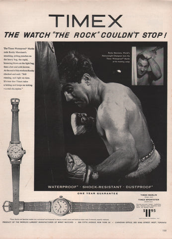 1954 Vintage Boxer ROCKY MARCIANO In TIMEX Marlin Wristwatch Timepiece Print Ads