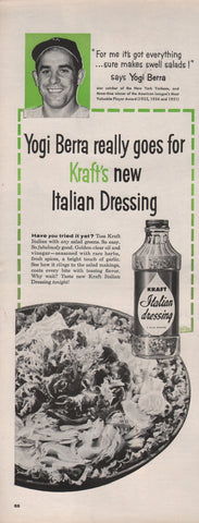 1956 Yogi Berra In KRAFT Italian Salad Dressing Print Ad