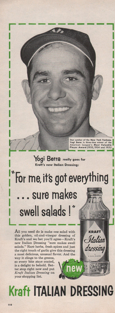 Copy of 1956 Yogi Berra In KRAFT Swell Italian Salad Dressing Print Ad