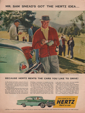 1958 Vintage Golfer SAM SNEAD In HERTZ Rent-A-Car Idea Print Ads