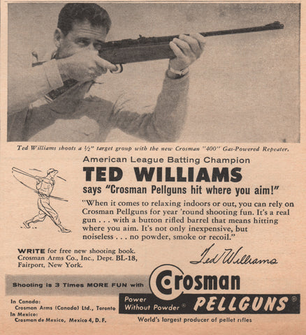 1958 TED WILLIAMS In CROSSMAN Pellguns 400 Gas Powered Repeater Shotgun Print Ad