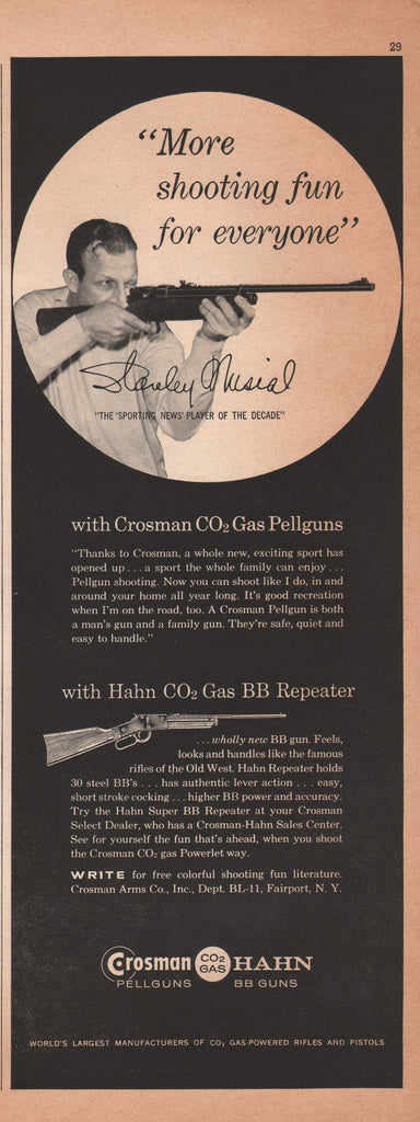 1959 STAN MUSIAL In CROSSMAN Pellguns Gas Powered BB Repeater Shotgun Print Ad