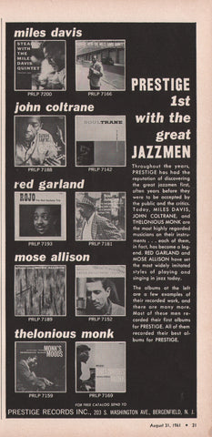 1961 Davis Coltrane Monk Garland Allison Prestige Records LP Promo Print Ad