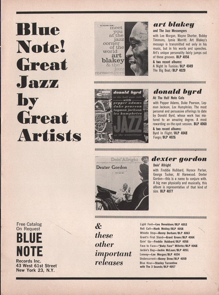 1961 Art Blakey Donald Byrd Dexter Gordon Blue Note Records LP Promo Print Ad