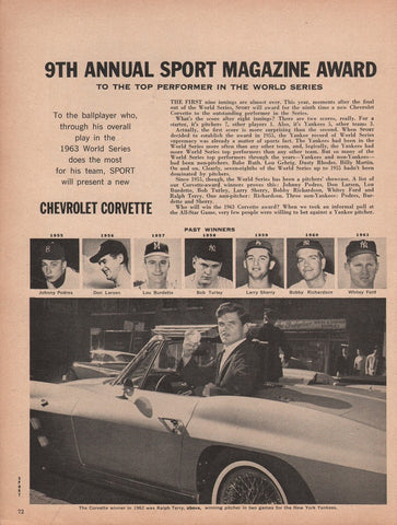 1963 Vintage Chevrolet Corvette Ralph Terry New York Yankees Sport Magazine Award Baseball Print Ad