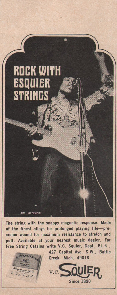1968 Vintage JIMI HENDRIX In SQUIER Guitar Strings Musical Accessories Print Ad