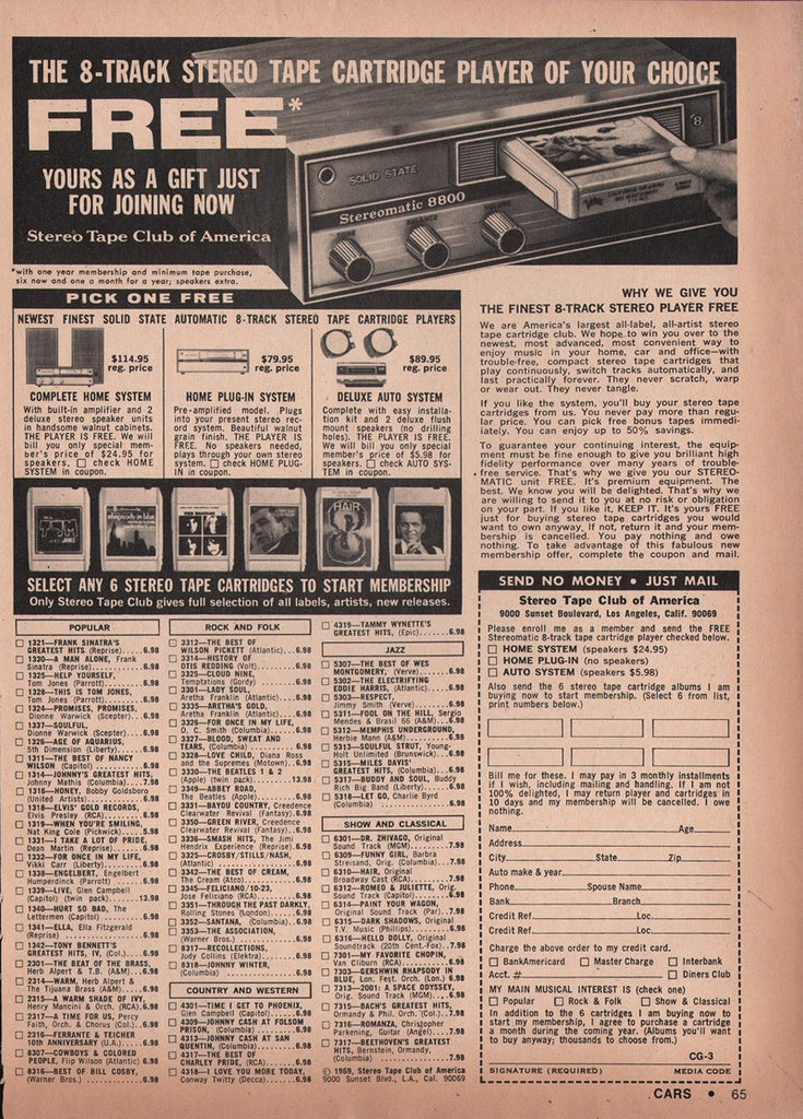 1969 Stereo 8-Track Tape club Music Service & Tape Player Print Ad