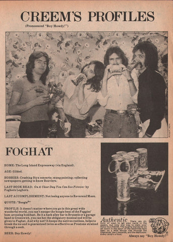 1978 Boy Howdy Creem Profiles Foghat Beer Print Ad