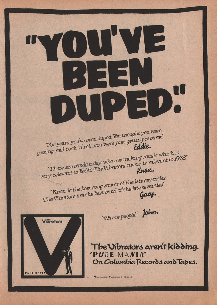 1978 Vibrators Pure Mania Columbia Records LP Promo Print Ad