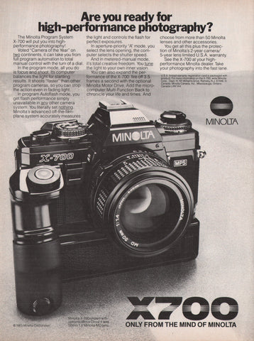1983 Vintage MINOLTA X700 50mm Camera & Lens Accessories Print Ad