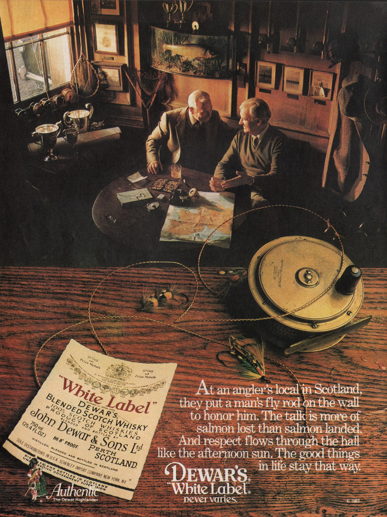 1983 Vintage DEWAR'S White Label Scotch Whiskey Distillery Fishing Line Print Ad