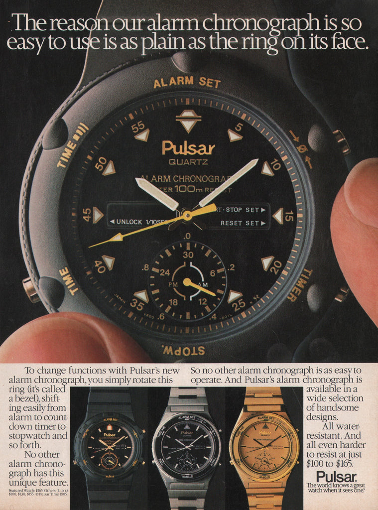 1985 Vintage PULSAR Alarm Chronograph Wrist Watch Print Ad