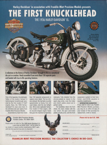 1986 Vintage FRANKLIN MINT 1936 HARLEY-DAVIDSON Knucklehead Motorcycle Print Ad