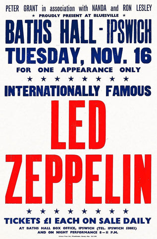 1971 Led Zeppelin Bath UK 13 x 17 Inch Reproduction Concert Memorabilia Poster