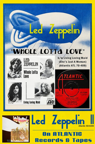 2021 Led Zeppelin Whole Lotta Love & II LP 13 x 17 Inch Reproduction US-UK Record Promo Print Ad Poster
