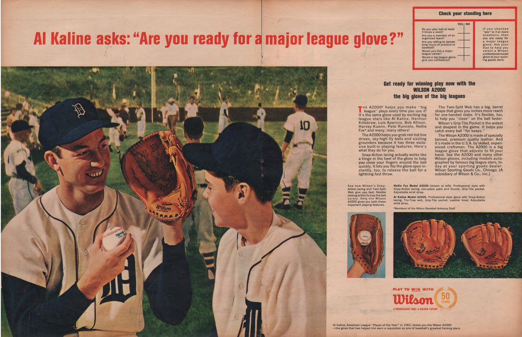 1964 Vintage 2-Pg AL KALINE In WILSON Baseball Glove Foldout Print Ad