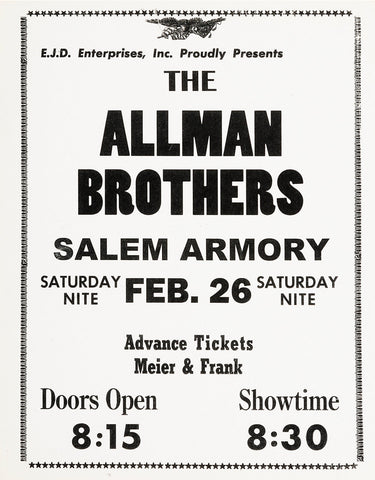 1974 Allman Brothers Band Salem Armory 13 x 17 Inch Reproduction Concert Memorabilia Poster
