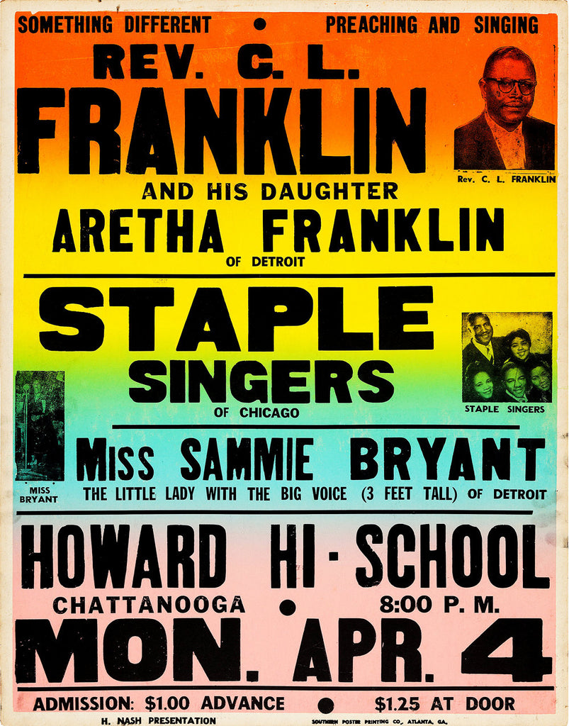 1960 Aretha Franklin & Staple Singers Howard High School 13 x 17 Inch Reproduction R & B Concert Memorabilia Poster