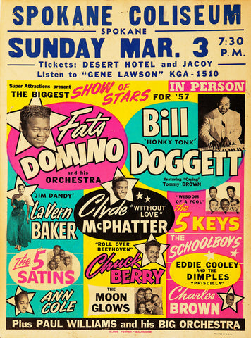 1957 Fats Domino Chuck Berry Bill Doggett Biggest Stars Of '57 Spokane Coliseum WA 13 x 17 Inch Reproduction Concert Memorabilia Poster