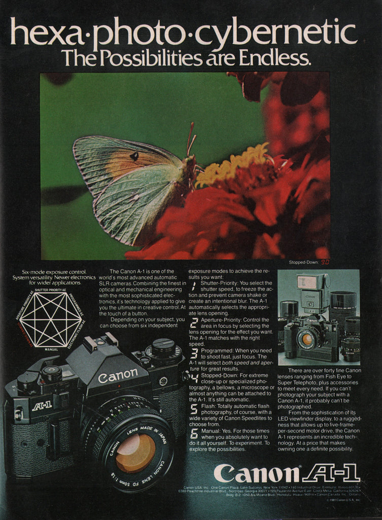 1981 Vintage CANON A-1 35/50mm Camera & Lens Accessories Print Ad