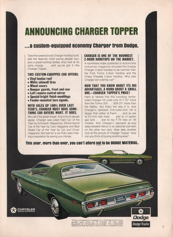 1971 Vintage DODGE Charger Topper Muscle Car Automobile Print Ad