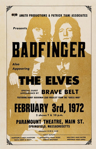 1972 Badfinger & Brave Belt (Pre-BTO) Springfield MA 13 x 17 Inch Reproduction Concert Memorabilia Poster