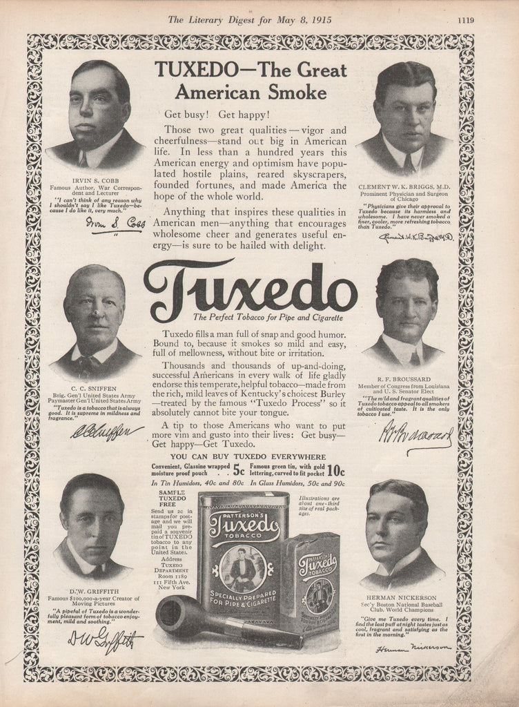 1915 Vintage Patterson's Tuxedo Smoking & Pipe Tobacco Famous Americans Print Ad