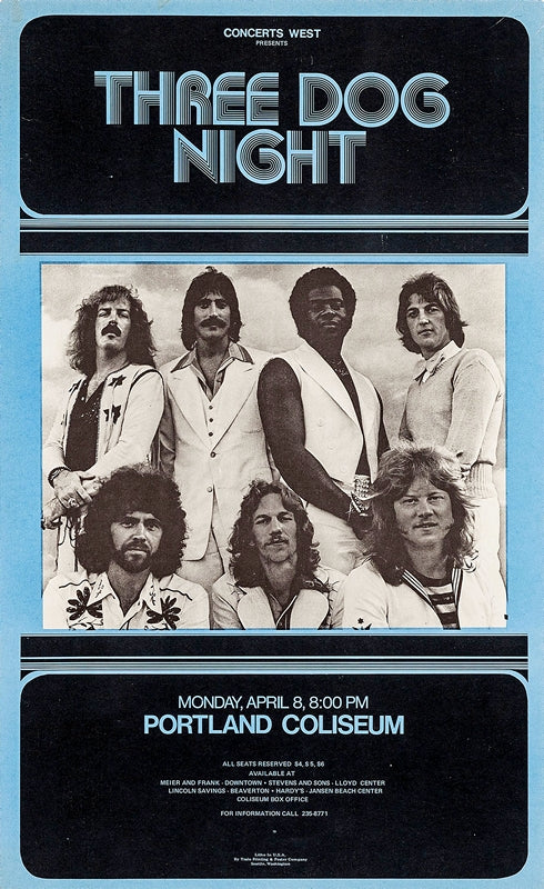 1974 Three Dog Night & Aerosmith Portland Coliseum OR 13 x 17 Inch Reproduction Concert Memorabilia Poster