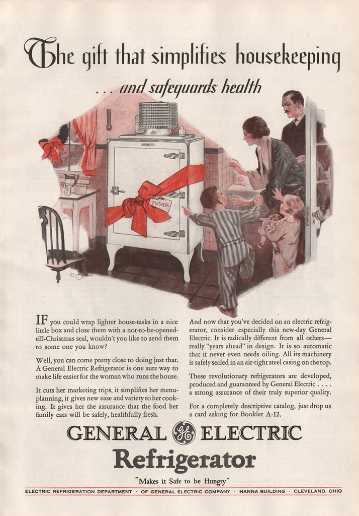 1928 Vintage GE Frigidaire Simplifies Housekeeping Refrigerator Print Ad