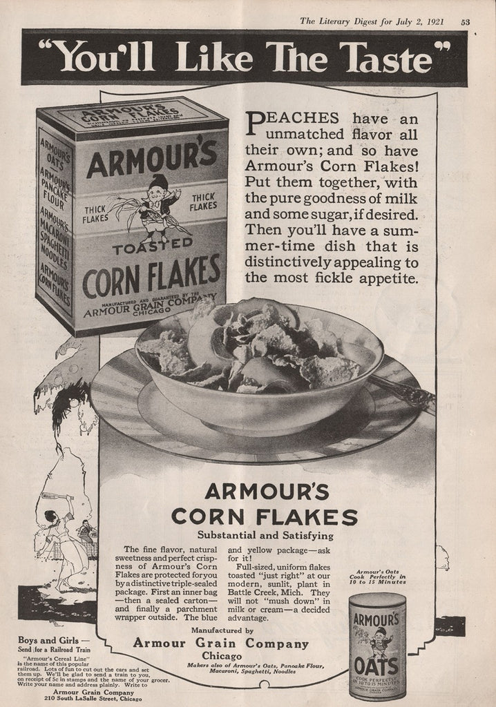 1921 Vintage Armour's Toasted Corn Flakes & Oats Cereal Food Print Ad