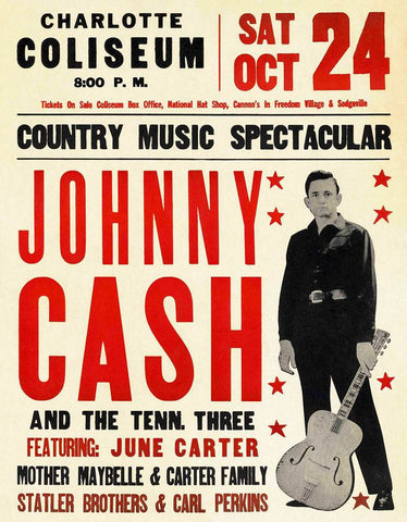 1970 Johnny Cash Charlotte Coliseum 13 x 17 Inch Reproduction Concert Memorabilia Poster
