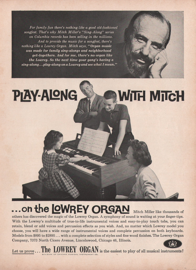 1961 Vintage LOWREY ORGAN Musical Instrument MITCH MILLER Play Along Print Ad